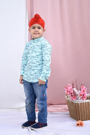 Aqua Blue Marine Print Kurta Shirt for Boys - CuddlesClothing