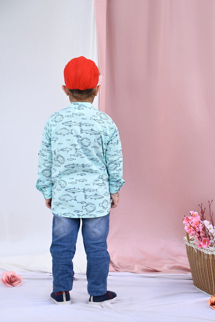 Aqua Blue Marine Print Kurta Shirt for Boys - CuddlesClothing