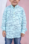 Aqua Print Kurta Style Shirt With Mandarin Collar