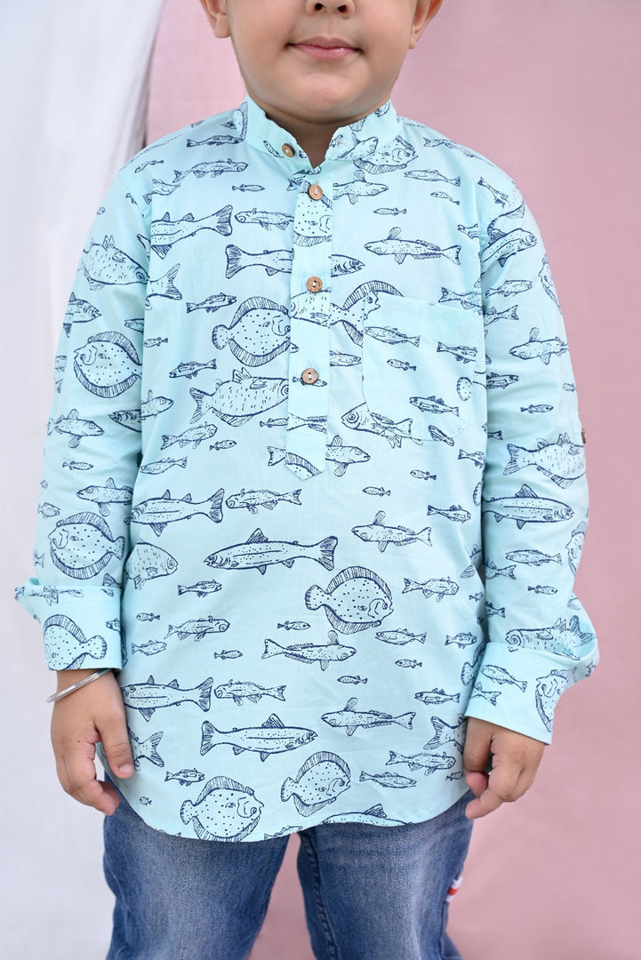 Aqua Blue Marine Print Kurta Shirt for Boys - CuddlesClothing