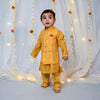 Mustard Block Print Cotton Silk Nehru Jacket Set For Boys