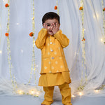 Load image into Gallery viewer, Boys Yellow Block Print Nehru Jacket &amp; Kurta Set - CuddlesClothing