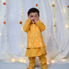 Mustard Block Print Cotton Silk Nehru Jacket Set For Boys