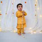 Load image into Gallery viewer, Boys Yellow Block Print Nehru Jacket &amp; Kurta Set - CuddlesClothing