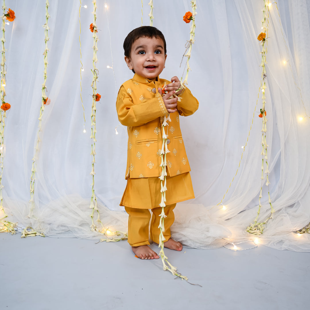 Boys Yellow Block Print Nehru Jacket & Kurta Set - CuddlesClothing