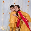 Mustard Block Print Cotton Silk Nehru Jacket Set For Boys
