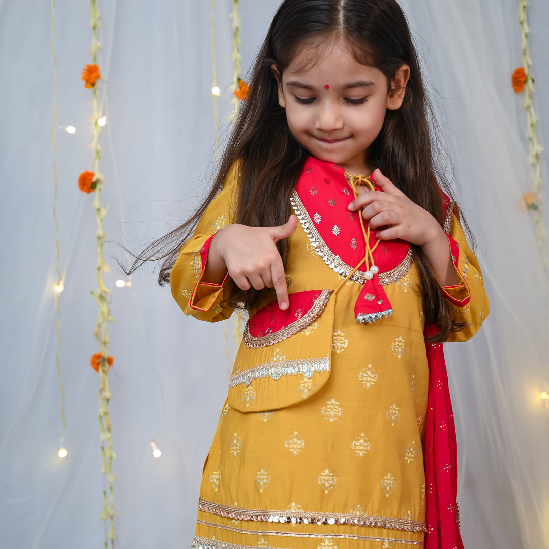 Festive Yellow & Pink Silk Sharara Set for Girls - CuddlesClothing