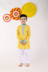 Yellow Cotton Lehriya Printed Kurta Set For Boys