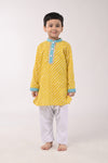 Yellow Cotton Lehriya Printed Kurta Set For Boys