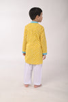 Yellow Cotton Lehriya Printed Kurta Set For Boys