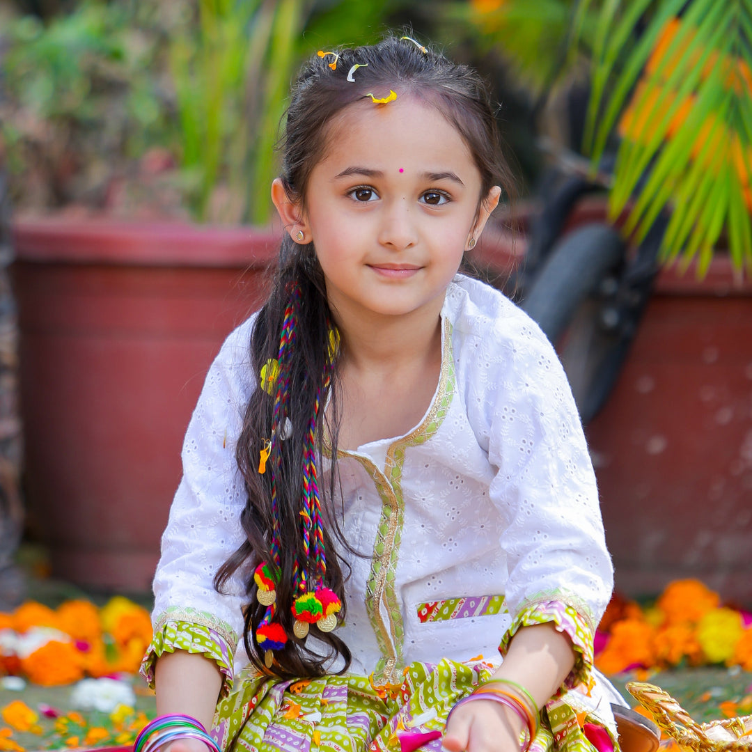 Girls' White Chikankari Kurta & Green Leheriya Dhoti Set - CuddlesClothing