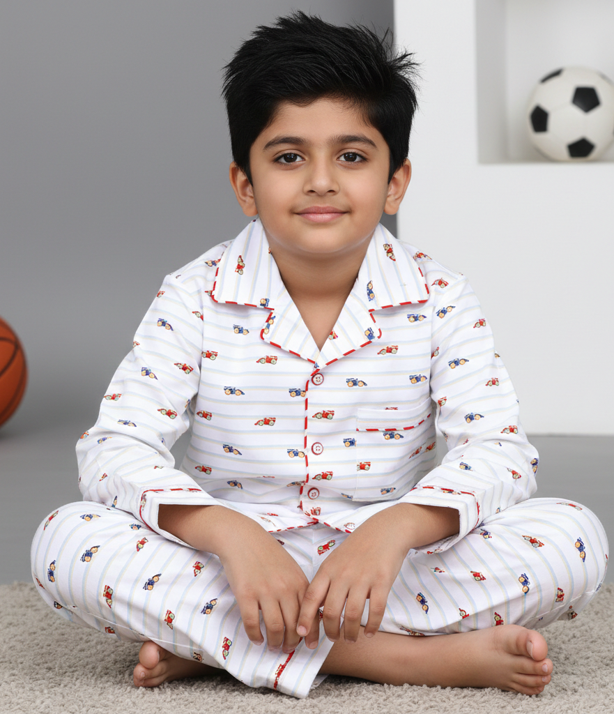 Boys White Race Car Print Cotton Nightsuit - CuddlesClothing