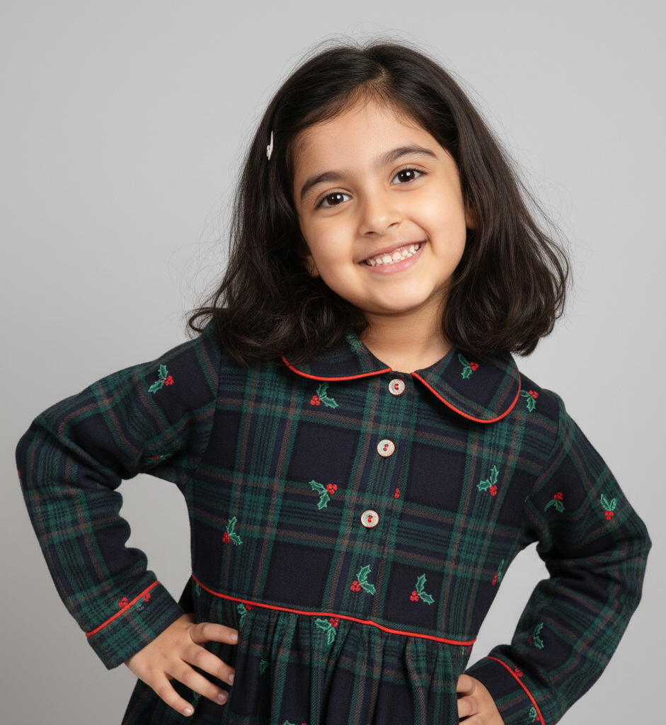 Girls Embroidered Green Plaid Flannel Nightsuit - CuddlesClothing