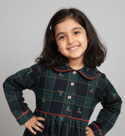 Girls Embroidered Green Plaid Flannel Nightsuit - CuddlesClothing