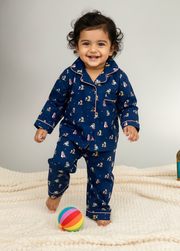 Navy Blue Girl & Pup Print Cotton Nightsuit - CuddlesClothing