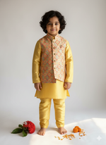 Load image into Gallery viewer, Boys Yellow Kurta Pajama &amp; Embroidered Nehru Jacket Set - CuddlesClothing
