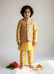 Boys Yellow Kurta Pajama & Embroidered Nehru Jacket Set - CuddlesClothing