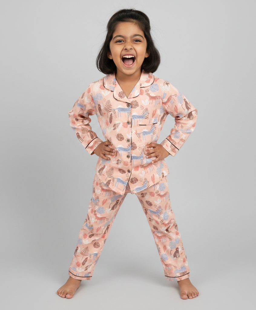 Kids Peach Safari Print Cotton Nightsuit - CuddlesClothing