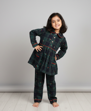 Girls Embroidered Green Plaid Flannel Nightsuit - CuddlesClothing