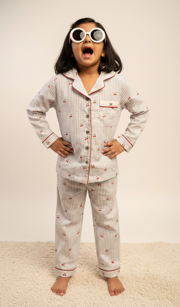 Girls' Cherry & Stripe Cotton Nightsuit - CuddlesClothing