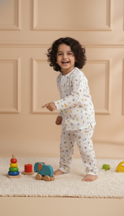 Kids White Muslin Nightsuit with Safari Animal Print - CuddlesClothing
