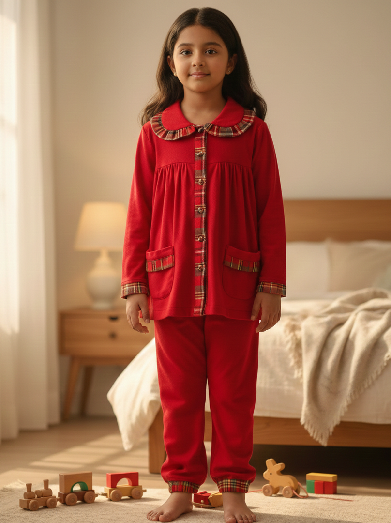 Girls Red Frock Style Flannel Nightsuit - CuddlesClothing