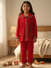 Girls Red Frock Style Flannel Nightsuit - CuddlesClothing