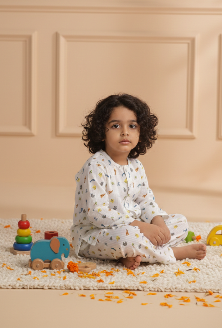 Kids White Muslin Nightsuit with Safari Animal Print - CuddlesClothing