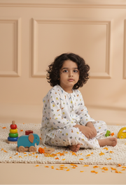 Kids White Muslin Nightsuit with Safari Animal Print - CuddlesClothing