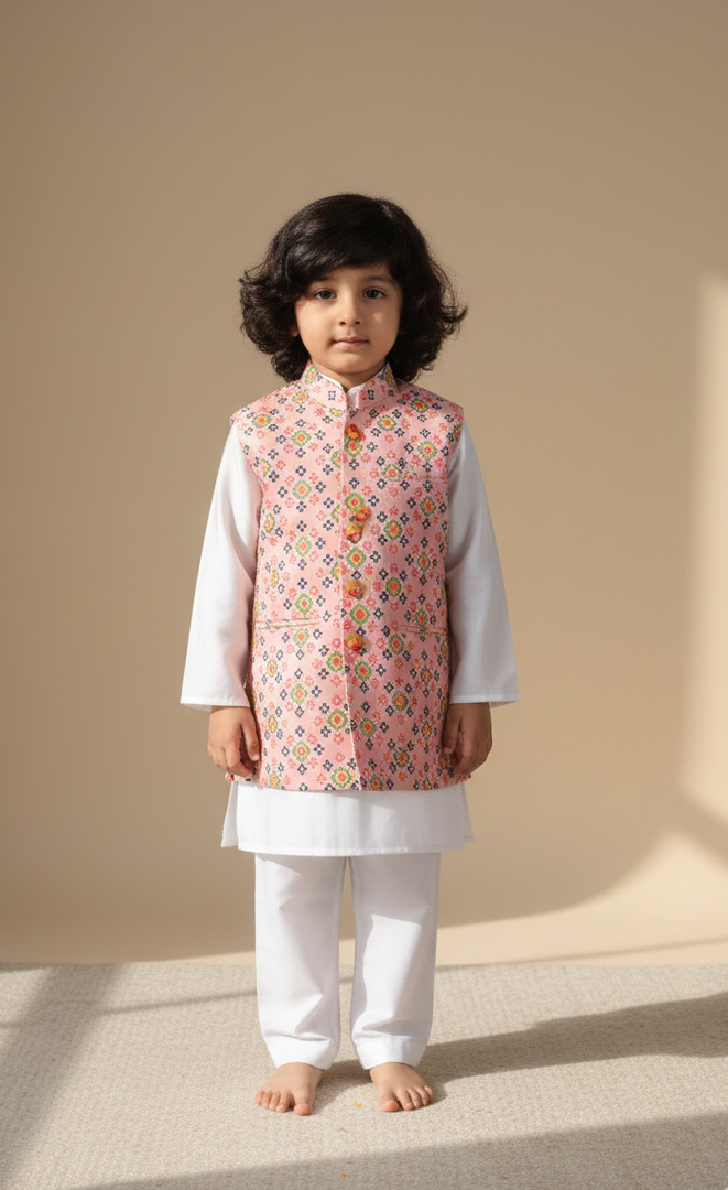 Boys White Kurta Pajama with Bandhani Print Nehru Jacket Set - CuddlesClothing