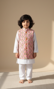 Boys White Kurta Pajama with Bandhani Print Nehru Jacket Set - CuddlesClothing