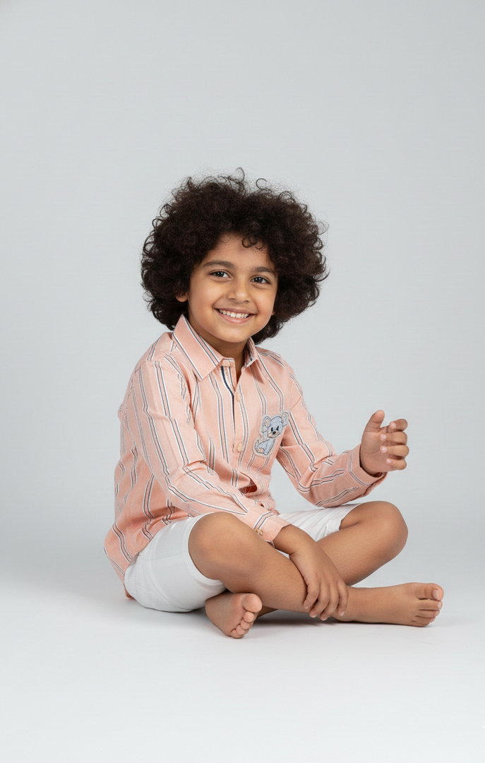 Boys Peach Striped Cotton Shirt with Dog Patch - CuddlesClothing