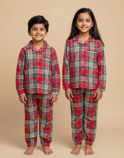 Kids Unisex Red Flannel Check Button-Down Nightsuit Set - CuddlesClothing