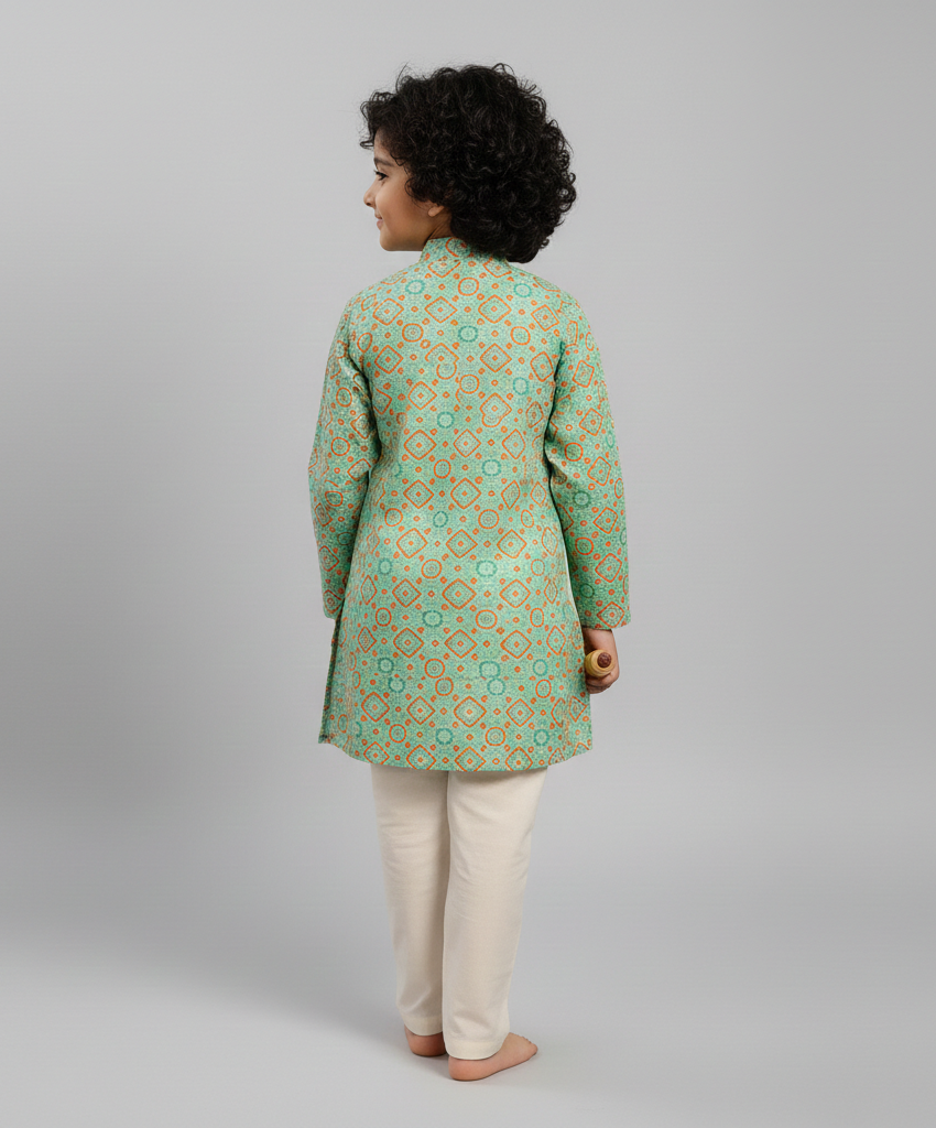 Boys Green Printed Kurta Pajama with Embroidery - CuddlesClothing