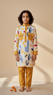 Yellow Multi-Color Paint Stroke Pathani Kurta Set For Boys - CuddlesClothing