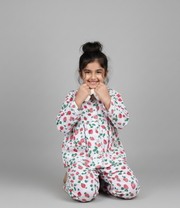 White & Red Strawberry Print Cotton Nightsuit - CuddlesClothing