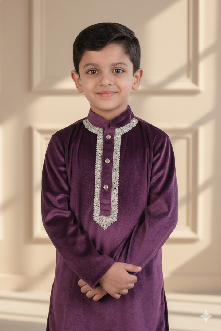 Purple Velvet Kurta Pajama Set For Boys - CuddlesClothing