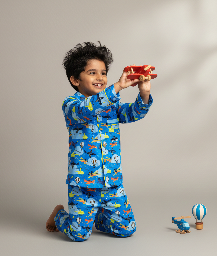 Blue Aviation Print Cotton Nightsuit for Boys - CuddlesClothing