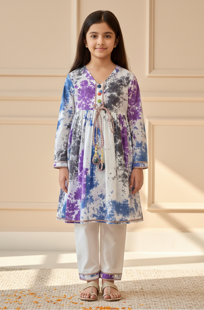 Girls Purple Tie and Dye Kurta & Pant Set - CuddlesClothing