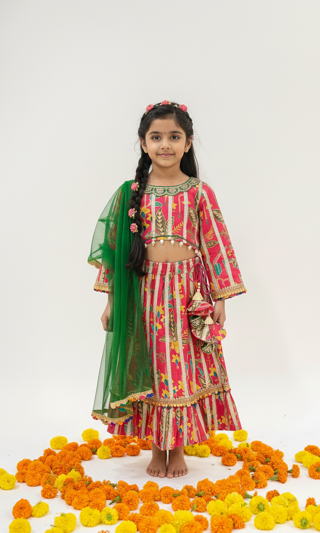 Girls Pink Floral Print Lehenga Choli with Green Dupatta - CuddlesClothing