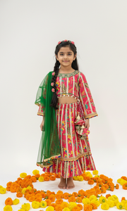 Girls Pink Floral Print Lehenga Choli with Green Dupatta - CuddlesClothing