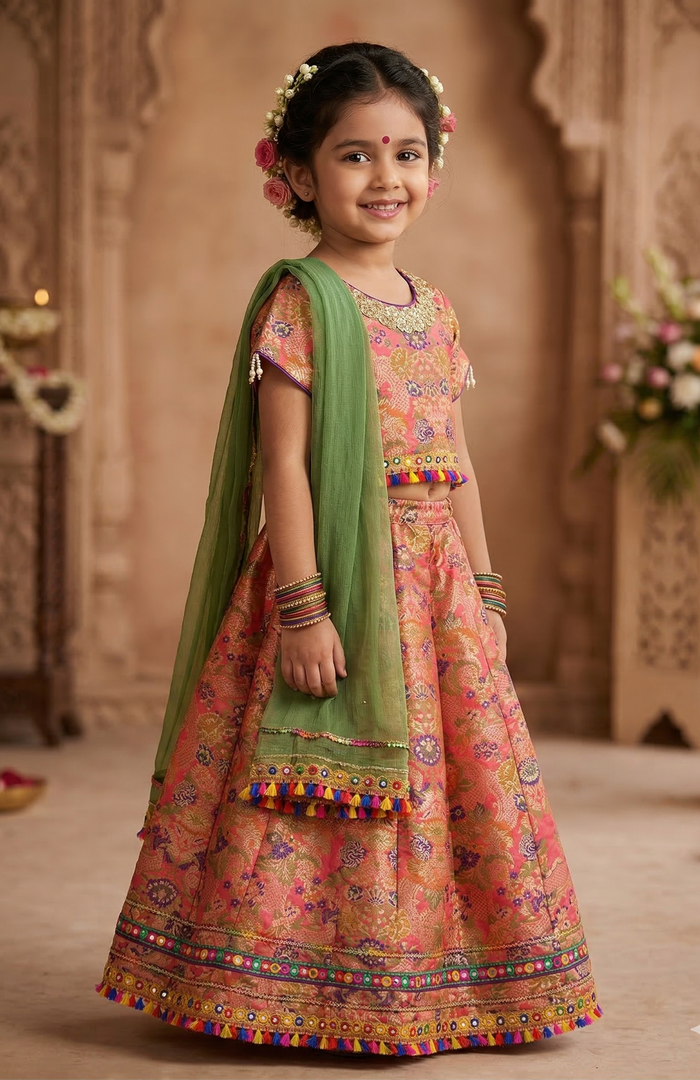 Girls Banarsi Silk Lehenga Set with Net Dupatta - CuddlesClothing