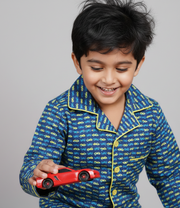 Blue Race Car Print Cotton Nightsuit for Boys - CuddlesClothing