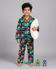 Superhero Print Cotton Nightsuit for Boys - CuddlesClothing