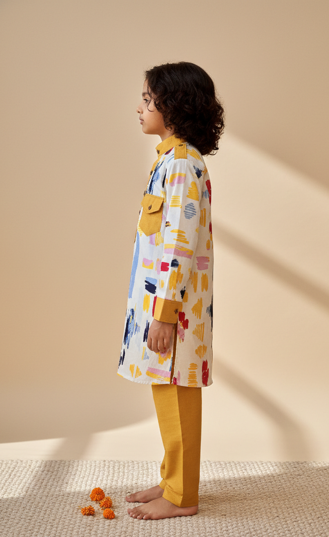 Yellow Multi-Color Paint Stroke Pathani Kurta Set For Boys - CuddlesClothing