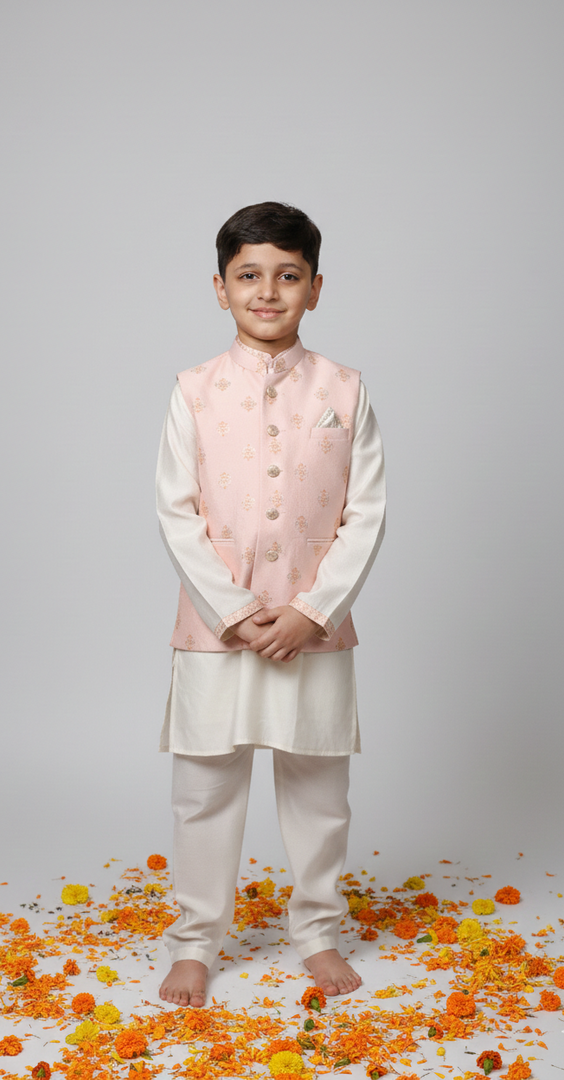 Boys Pink Block Print Nehru Jacket & Kurta Set - CuddlesClothing