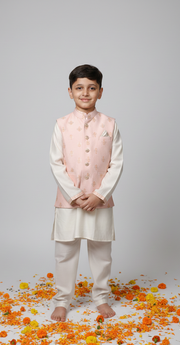 Boys Pink Block Print Nehru Jacket & Kurta Set - CuddlesClothing