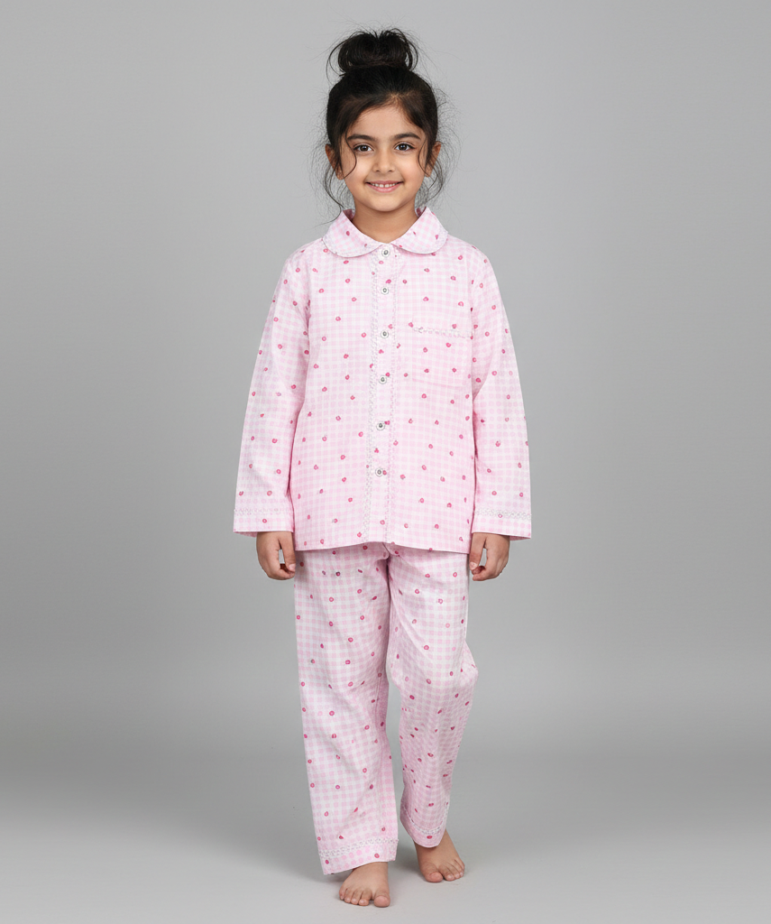Pink Gingham Strawberry Cotton Nightsuit for Kids - CuddlesClothing