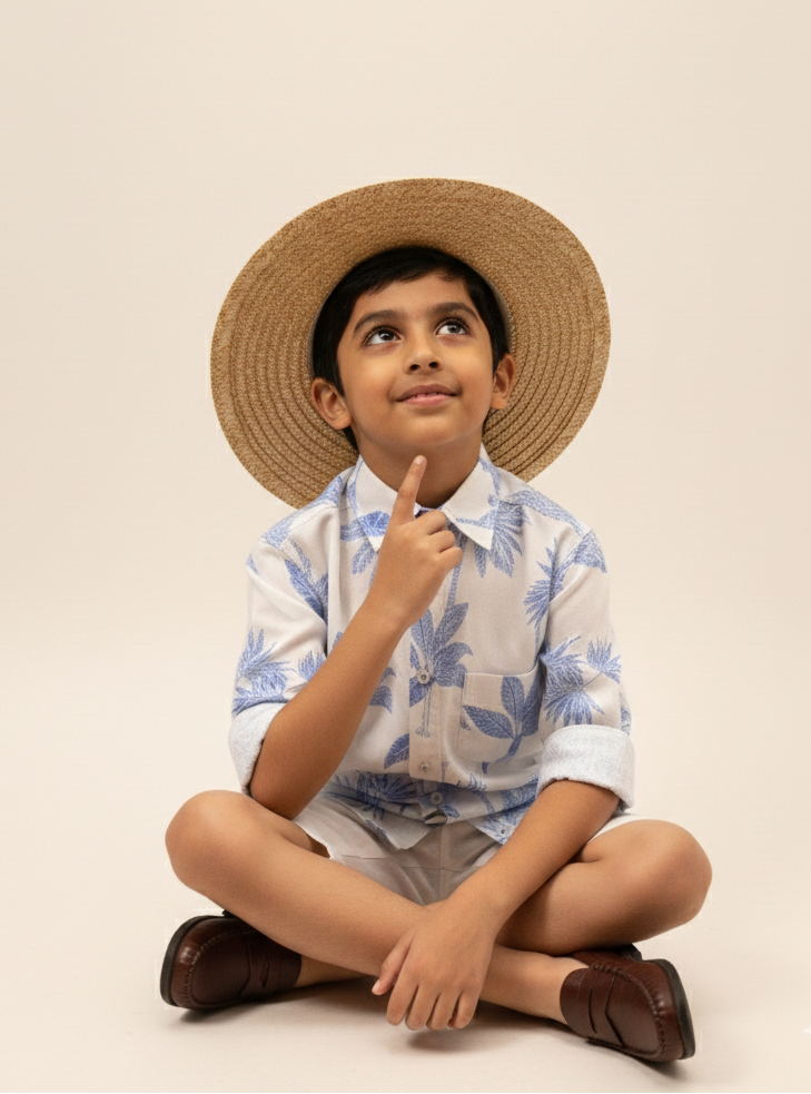 Boys' Blue Palm Tree Print Cotton Shirt - CuddlesClothing