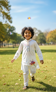 Boys White Cotton Kurta Pajama - Colorful Pichkari Embroidery - CuddlesClothing